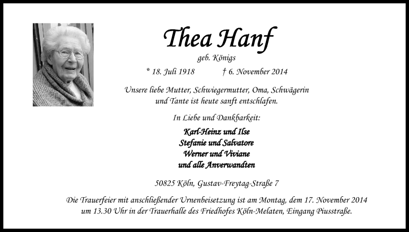  Traueranzeige für Thea Hanf vom 12.11.2014 aus Kölner Stadt-Anzeiger / Kölnische Rundschau / Express