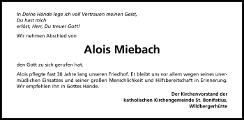 Anzeige von Aloys Miebach von Kölner Stadt-Anzeiger / Kölnische Rundschau / Express