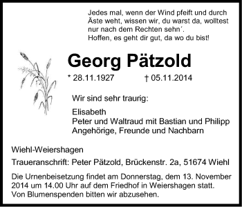 Anzeige von Georg Pätzold von Kölner Stadt-Anzeiger / Kölnische Rundschau / Express
