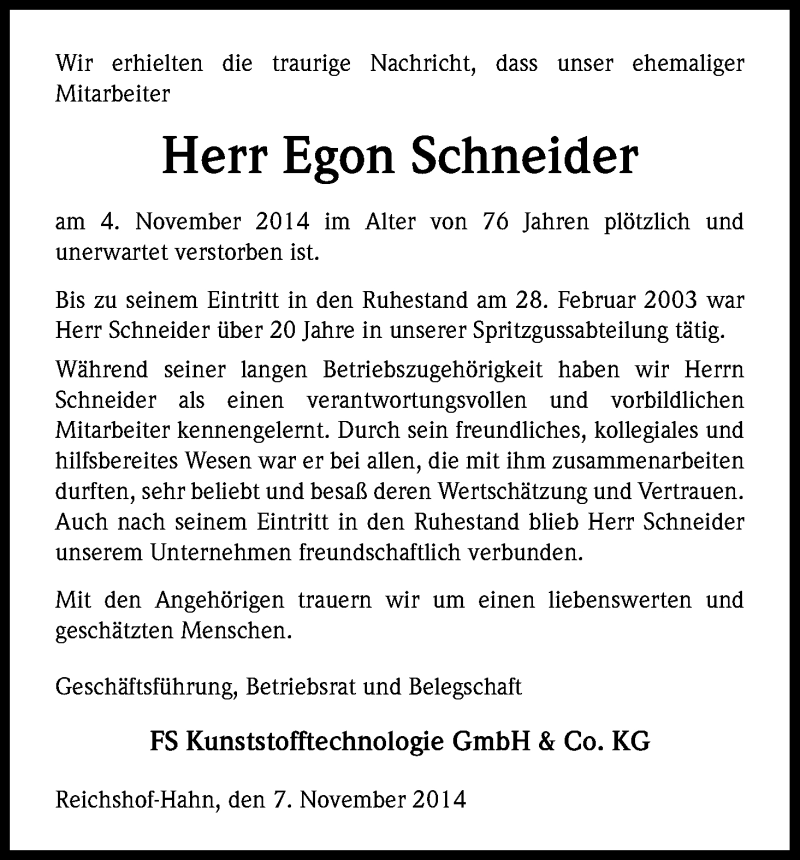  Traueranzeige für Egon Schneider vom 08.11.2014 aus Kölner Stadt-Anzeiger / Kölnische Rundschau / Express