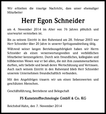 Anzeige von Egon Schneider von Kölner Stadt-Anzeiger / Kölnische Rundschau / Express
