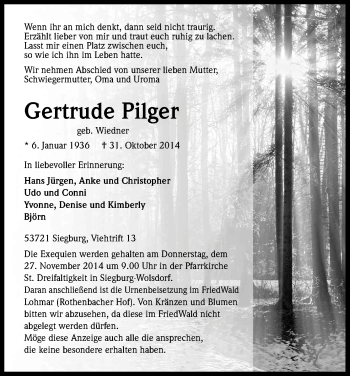 Anzeige von Gertrude Pilger von Kölner Stadt-Anzeiger / Kölnische Rundschau / Express