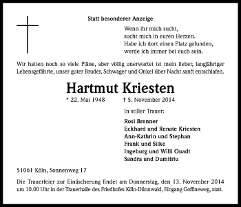 Anzeige von Hartmut Kriesten von Kölner Stadt-Anzeiger / Kölnische Rundschau / Express