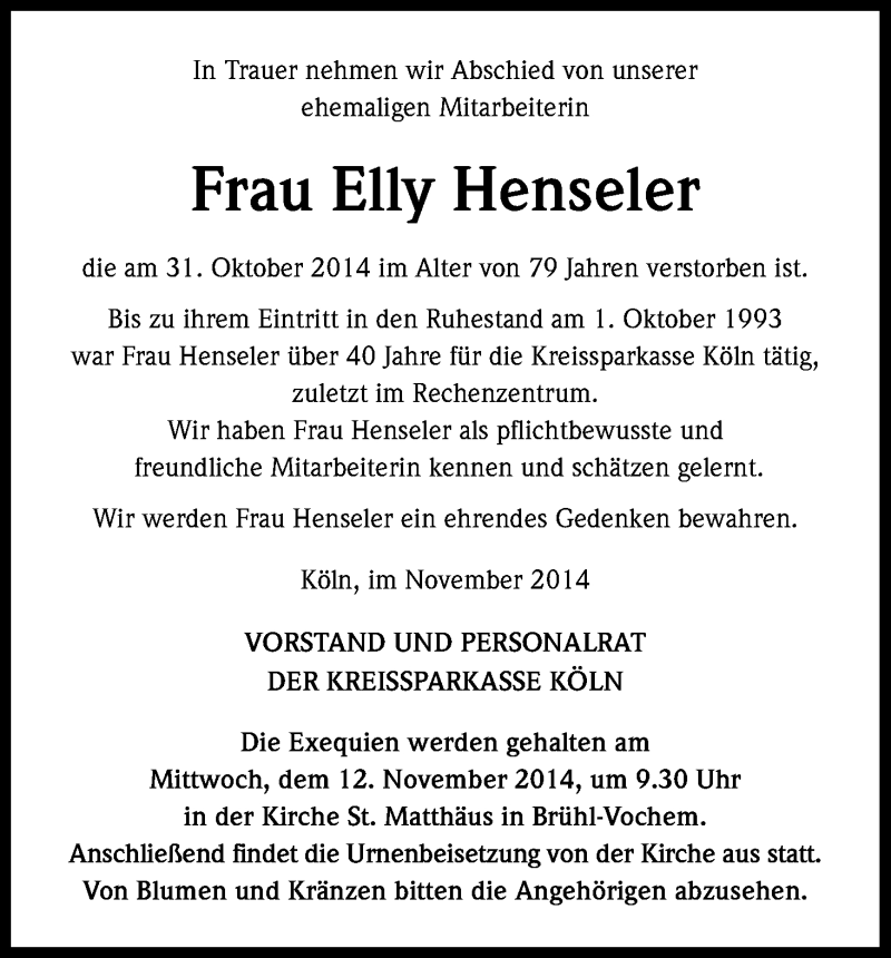  Traueranzeige für Elly Henseler vom 10.11.2014 aus Kölner Stadt-Anzeiger / Kölnische Rundschau / Express