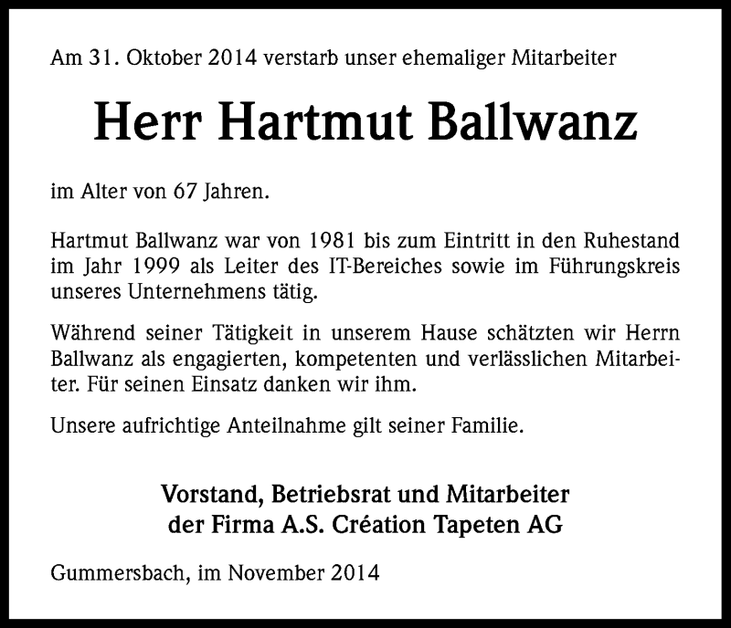  Traueranzeige für Hartmut Ballwanz vom 10.11.2014 aus Kölner Stadt-Anzeiger / Kölnische Rundschau / Express