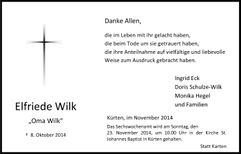 Anzeige von Elfriede Wilk von Kölner Stadt-Anzeiger / Kölnische Rundschau / Express