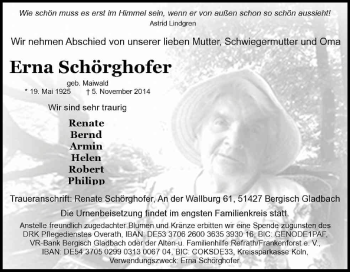 Anzeige von Erna Schörghofer von Kölner Stadt-Anzeiger / Kölnische Rundschau / Express