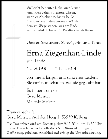 Anzeige von Erna Ziegenhan-Linde von Kölner Stadt-Anzeiger / Kölnische Rundschau / Express