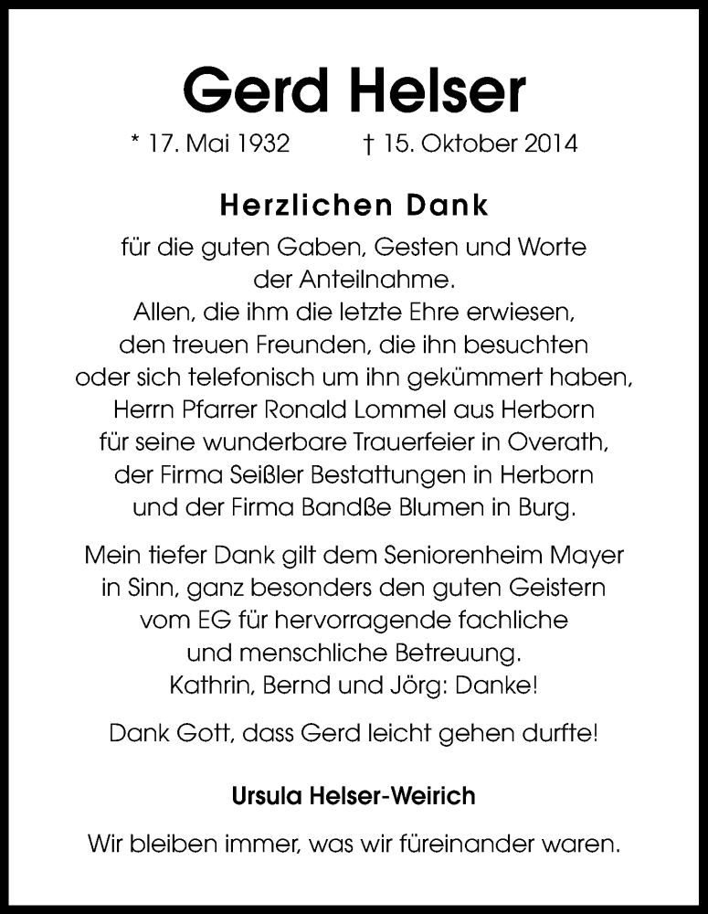  Traueranzeige für Gerd Helser vom 15.11.2014 aus Kölner Stadt-Anzeiger / Kölnische Rundschau / Express