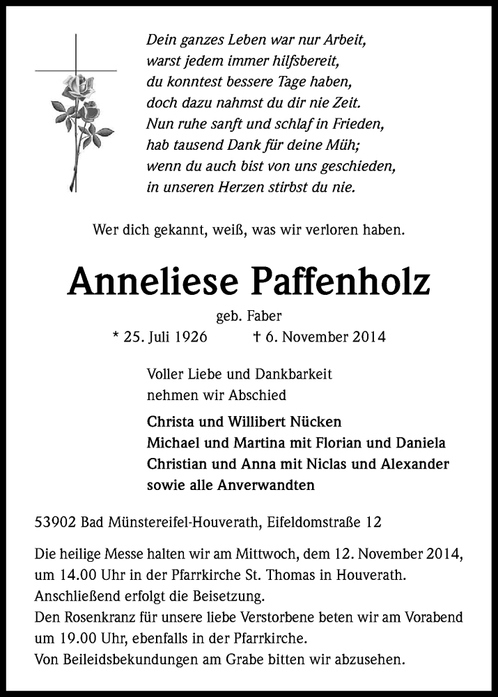  Traueranzeige für Anneliese Paffenholz vom 10.11.2014 aus Kölner Stadt-Anzeiger / Kölnische Rundschau / Express