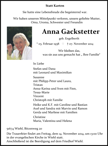 Anzeige von Anna Gackstetter von Kölner Stadt-Anzeiger / Kölnische Rundschau / Express