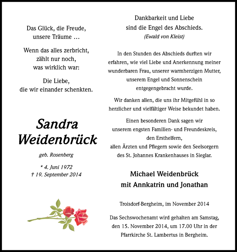  Traueranzeige für Sandra Weidenbrück vom 12.11.2014 aus Kölner Stadt-Anzeiger / Kölnische Rundschau / Express