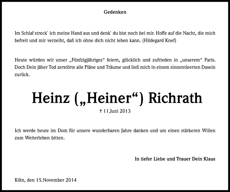  Traueranzeige für Heinz Richrath vom 15.11.2014 aus Kölner Stadt-Anzeiger / Kölnische Rundschau / Express