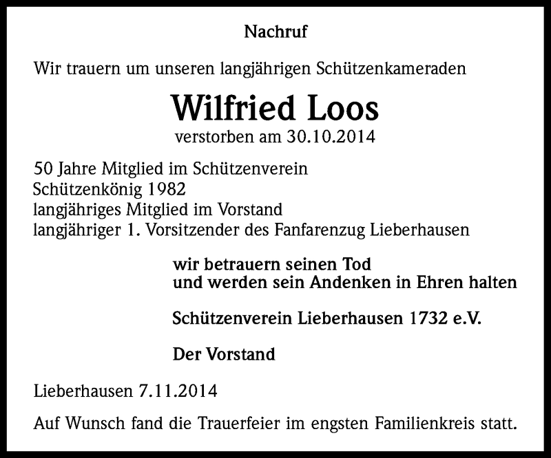  Traueranzeige für Wilfried Loos vom 11.11.2014 aus Kölner Stadt-Anzeiger / Kölnische Rundschau / Express