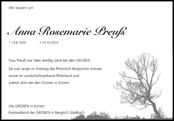 Anzeige von Anna Rosemarie Preuß von Kölner Stadt-Anzeiger / Kölnische Rundschau / Express