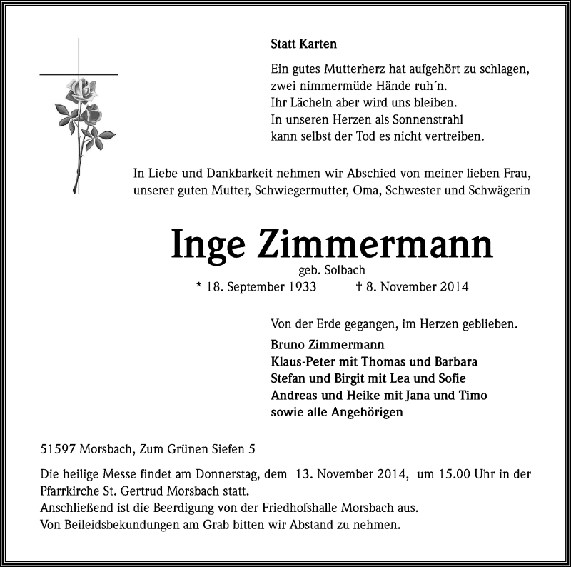  Traueranzeige für Inge Zimmermann vom 11.11.2014 aus Kölner Stadt-Anzeiger / Kölnische Rundschau / Express