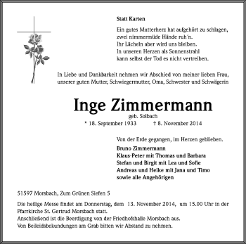 Anzeige von Inge Zimmermann von Kölner Stadt-Anzeiger / Kölnische Rundschau / Express