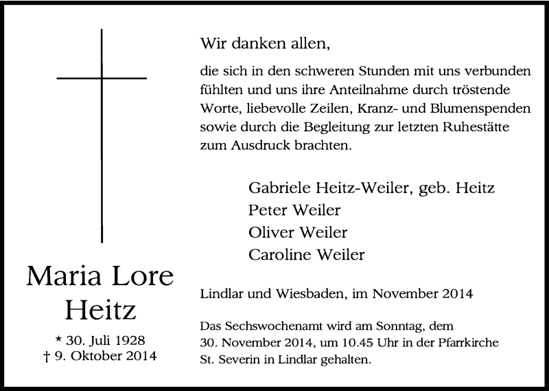  Traueranzeige für Maria Lore Heitz vom 22.11.2014 aus Kölner Stadt-Anzeiger / Kölnische Rundschau / Express