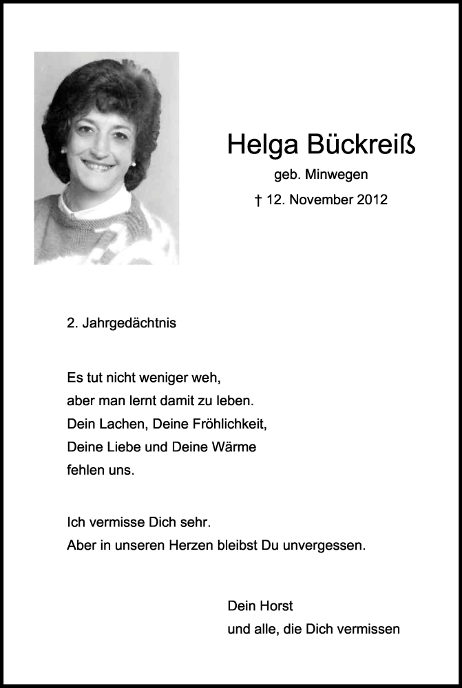  Traueranzeige für Helga Bückreiß vom 12.11.2014 aus Kölner Stadt-Anzeiger / Kölnische Rundschau / Express