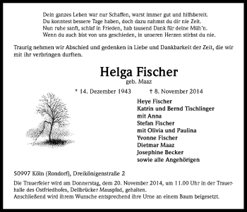 Anzeige von Helga Fischer von Kölner Stadt-Anzeiger / Kölnische Rundschau / Express
