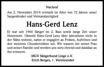 Anzeige von Hans-Gerd Lenz von Kölner Stadt-Anzeiger / Kölnische Rundschau / Express