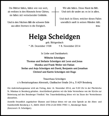 Anzeige von Helga Scheidgen von Kölner Stadt-Anzeiger / Kölnische Rundschau / Express