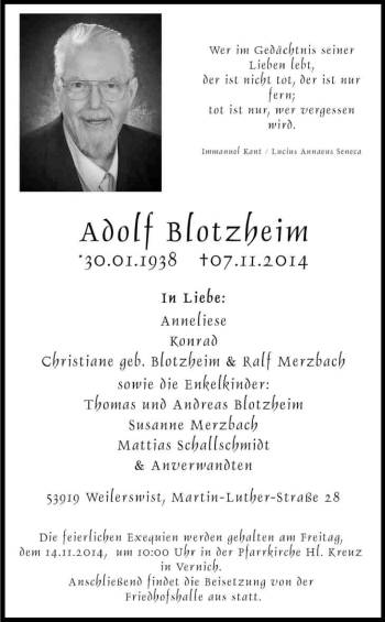 Anzeige von Adolf Blotzheim von Kölner Stadt-Anzeiger / Kölnische Rundschau / Express