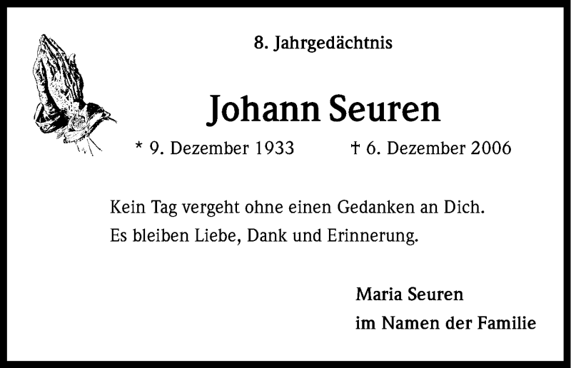  Traueranzeige für Johann Seuren vom 06.12.2014 aus Kölner Stadt-Anzeiger / Kölnische Rundschau / Express