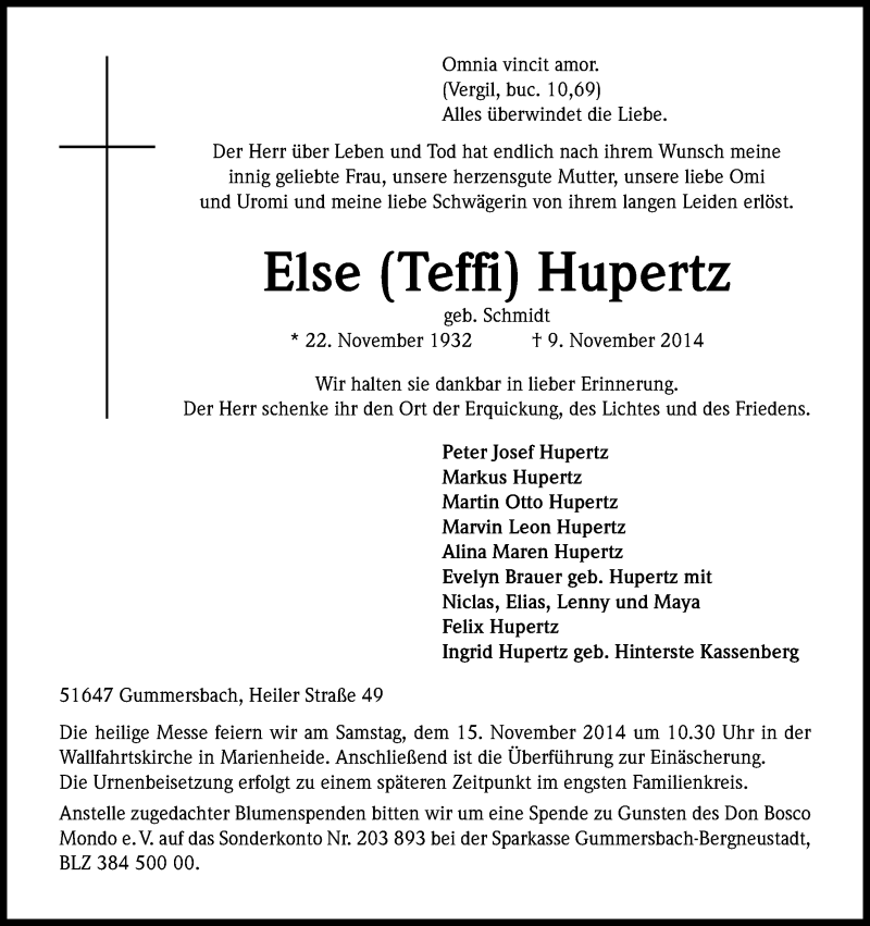 Traueranzeige für Else Hupertz vom 12.11.2014 aus Kölner Stadt-Anzeiger / Kölnische Rundschau / Express