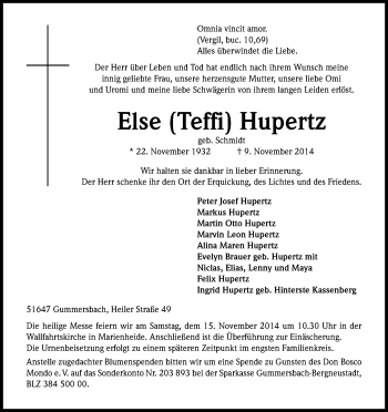 Anzeige von Else Hupertz von Kölner Stadt-Anzeiger / Kölnische Rundschau / Express