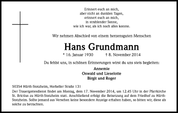 Anzeige von Hans Grundmann von Kölner Stadt-Anzeiger / Kölnische Rundschau / Express