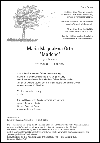 Anzeige von Maria Magdalena Orth von Kölner Stadt-Anzeiger / Kölnische Rundschau / Express