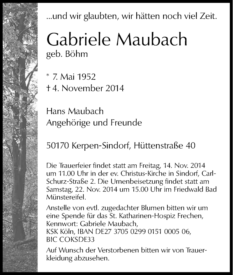  Traueranzeige für Gabriele Maubach vom 12.11.2014 aus Kölner Stadt-Anzeiger / Kölnische Rundschau / Express