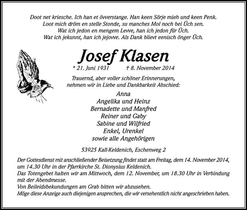  Traueranzeige für Josef Klasen vom 11.11.2014 aus Kölner Stadt-Anzeiger / Kölnische Rundschau / Express