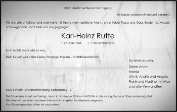 Anzeige von Karl-Heinz Rutte von Kölner Stadt-Anzeiger / Kölnische Rundschau / Express