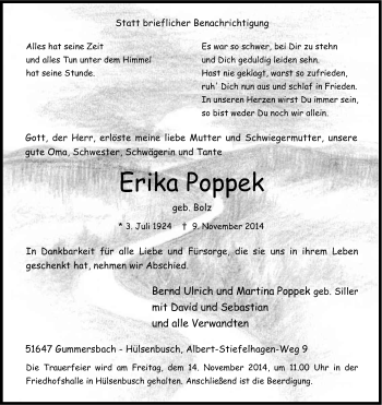 Anzeige von Erika Poppek von Kölner Stadt-Anzeiger / Kölnische Rundschau / Express