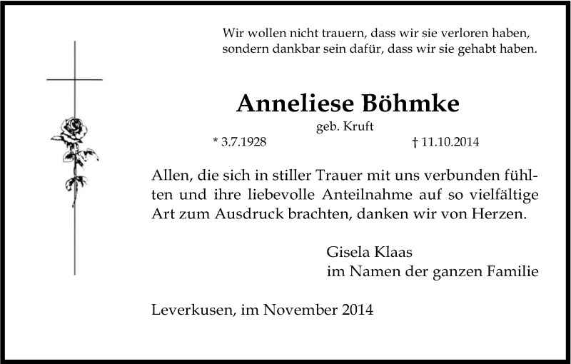  Traueranzeige für Anneliese Böhmke vom 12.11.2014 aus Kölner Stadt-Anzeiger / Kölnische Rundschau / Express