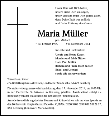 Anzeige von Maria Müller von Kölner Stadt-Anzeiger / Kölnische Rundschau / Express
