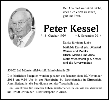 Anzeige von Peter Kessel von Kölner Stadt-Anzeiger / Kölnische Rundschau / Express
