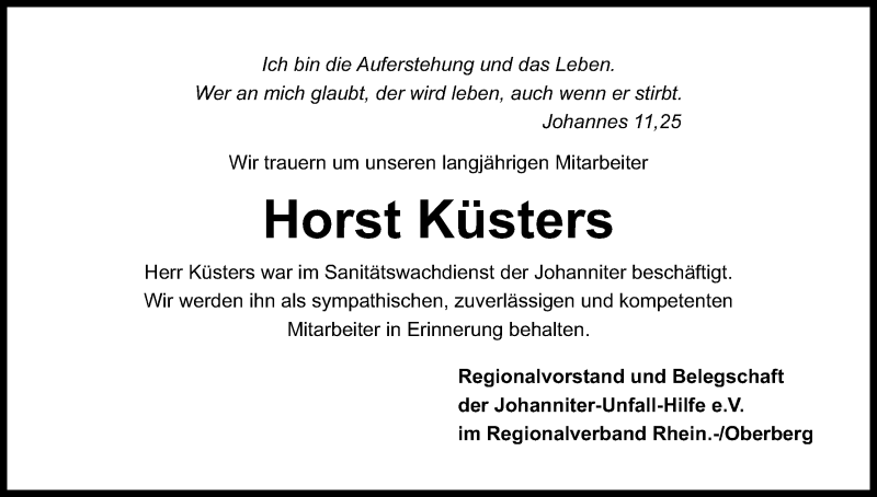  Traueranzeige für Horst Küsters vom 12.11.2014 aus Kölner Stadt-Anzeiger / Kölnische Rundschau / Express