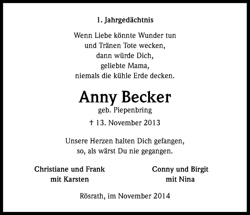  Traueranzeige für Anny Becker vom 13.11.2014 aus Kölner Stadt-Anzeiger / Kölnische Rundschau / Express