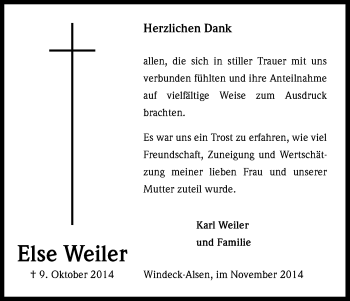 Anzeige von Else Weiler von Kölner Stadt-Anzeiger / Kölnische Rundschau / Express