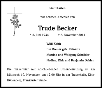 Anzeige von Trude Becker von Kölner Stadt-Anzeiger / Kölnische Rundschau / Express