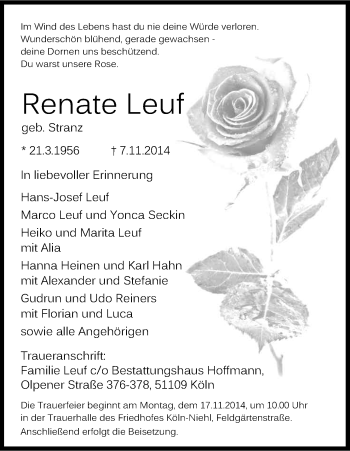 Anzeige von Renate Leuf von Kölner Stadt-Anzeiger / Kölnische Rundschau / Express