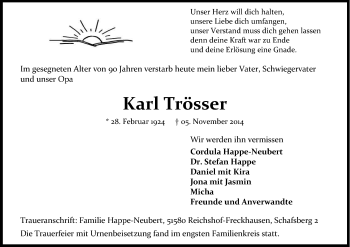 Anzeige von Karl Trösser von Kölner Stadt-Anzeiger / Kölnische Rundschau / Express