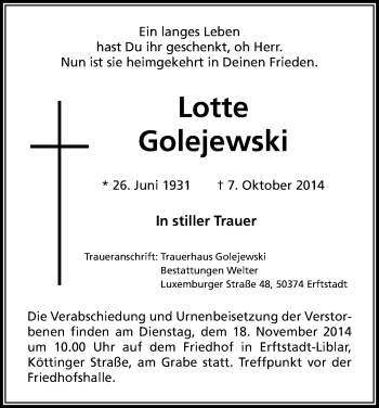 Anzeige von Lotte Golejewski von Kölner Stadt-Anzeiger / Kölnische Rundschau / Express