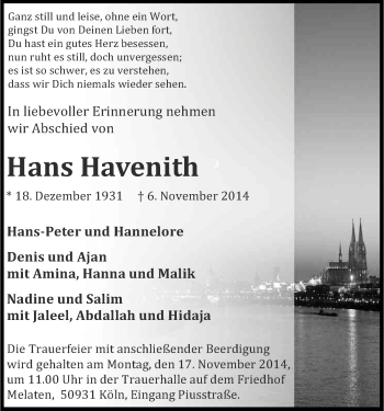 Anzeige von Hans Havenith von Kölner Stadt-Anzeiger / Kölnische Rundschau / Express