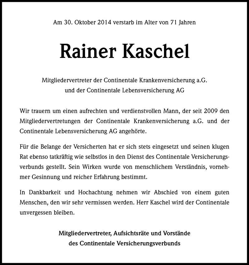  Traueranzeige für Rainer Kaschel vom 12.11.2014 aus Kölner Stadt-Anzeiger / Kölnische Rundschau / Express