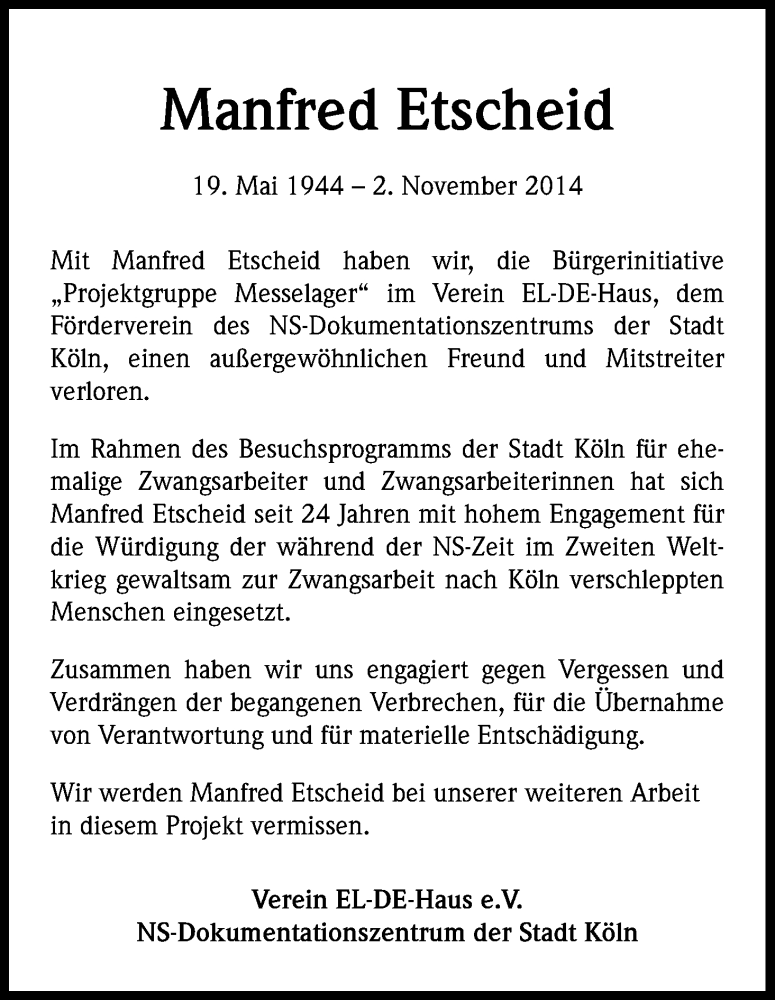  Traueranzeige für Manfred Etscheid vom 18.11.2014 aus Kölner Stadt-Anzeiger / Kölnische Rundschau / Express