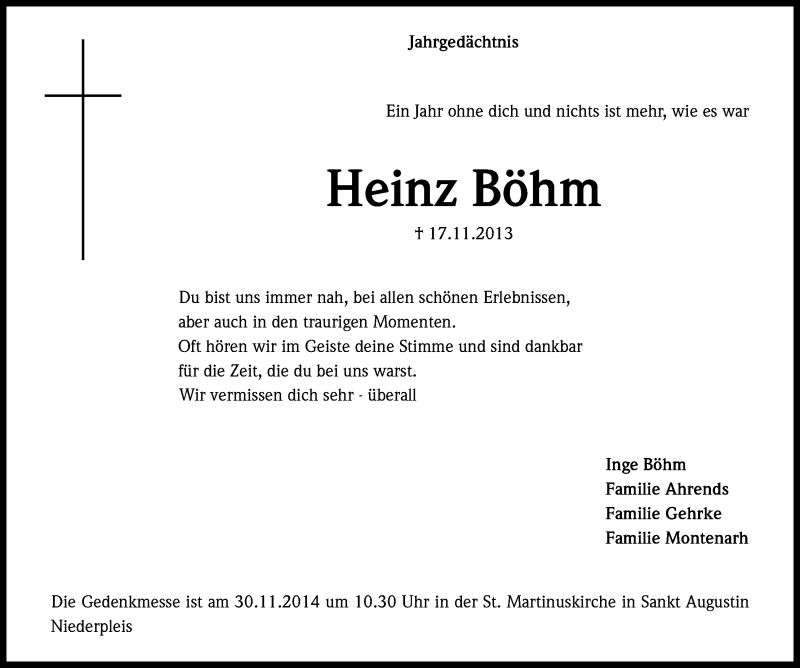  Traueranzeige für Heinz Böhm vom 17.11.2014 aus Kölner Stadt-Anzeiger / Kölnische Rundschau / Express